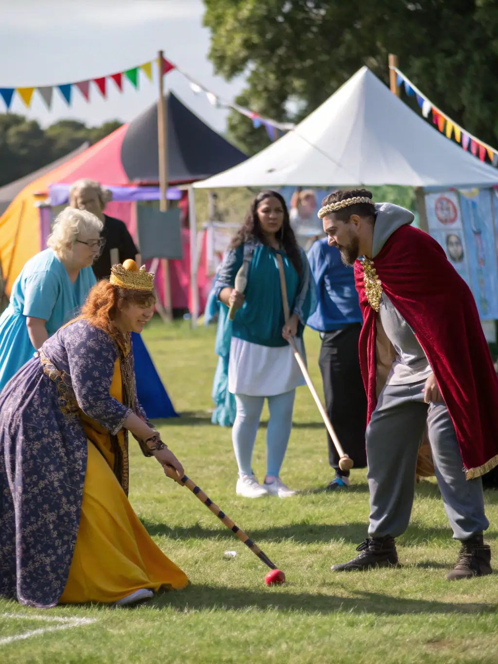 A photo of a community outreach event organized by Les Comediens au Chariot, showing actors interacting with the local community, promoting upcoming performances and workshops.