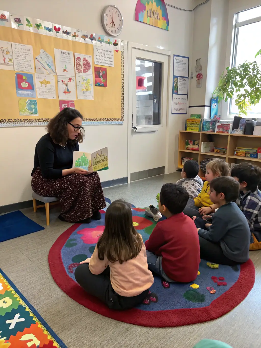 A photo of children participating in a storytelling session, captivated by the narrator's animated expressions and engaging narrative at a Les Comediens au Chariot event.