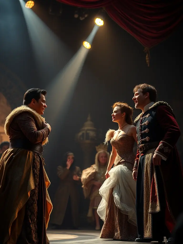 A vibrant image capturing a scene from one of Les Comediens au Chariot's theatrical performances, showcasing actors in colorful costumes on stage, with dynamic lighting and engaging expressions.