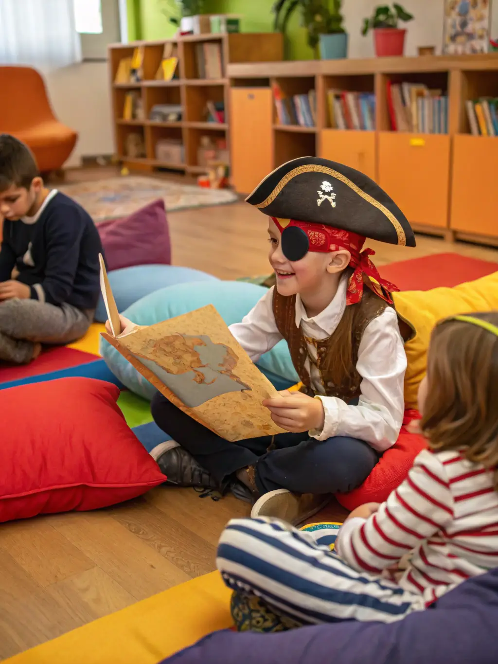 A photo of children participating in an educational program organized by Les Comediens au Chariot, showing them engaged in a storytelling activity with props and costumes.