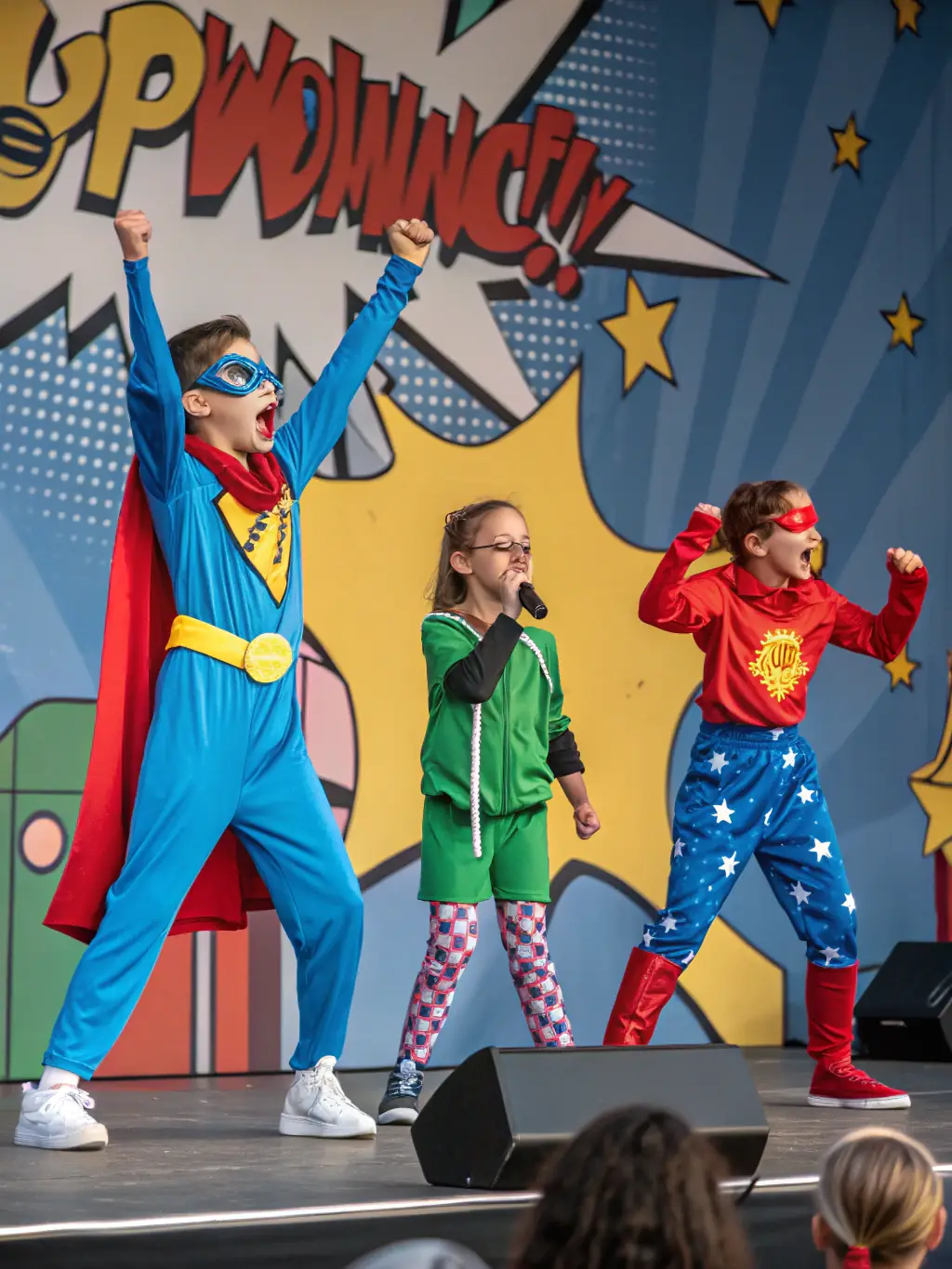 A vibrant stage scene with actors in colorful costumes performing a play, capturing the energy and excitement of a live theatrical performance by Les Comediens au Chariot.