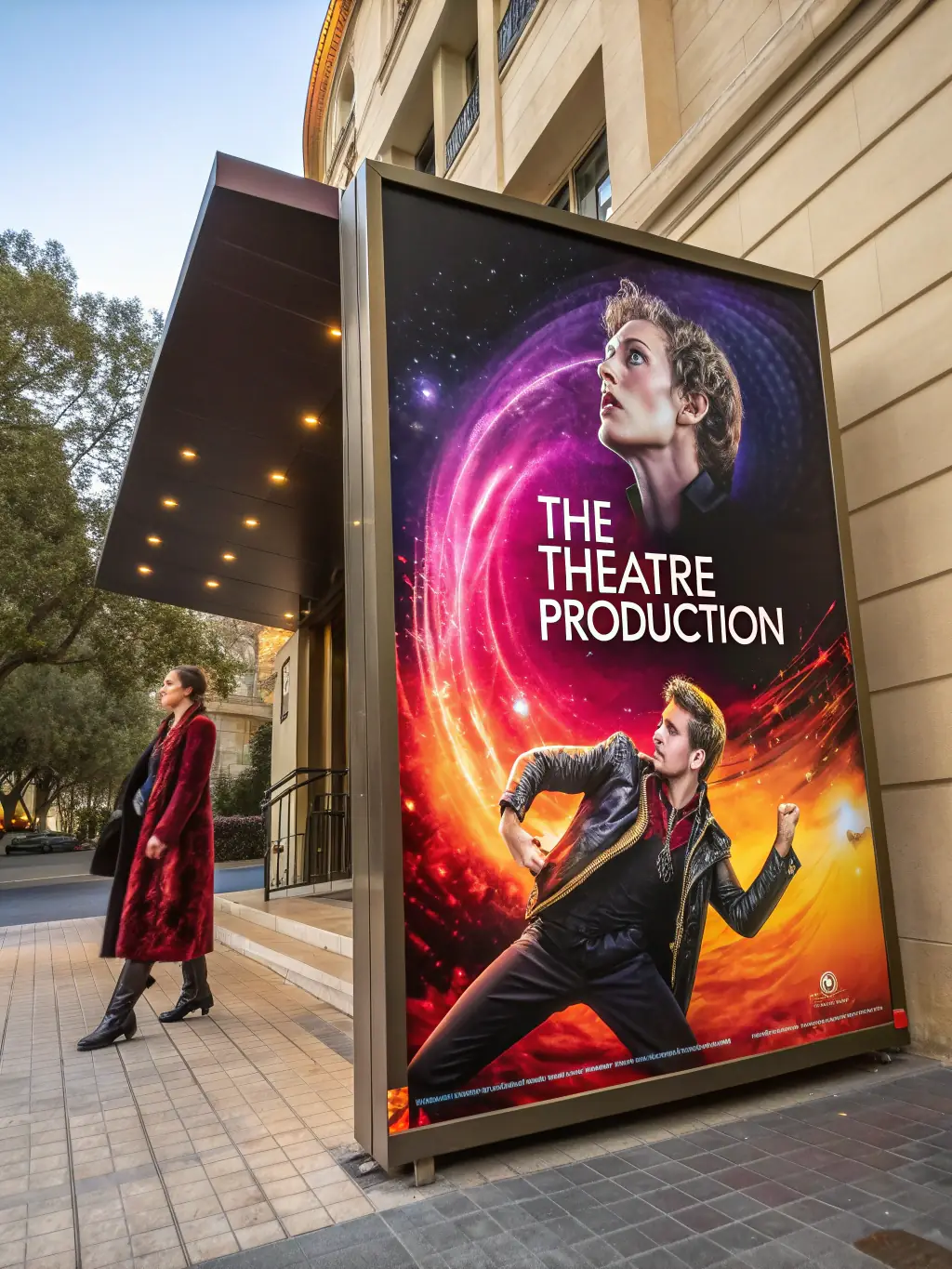 A poster design for an upcoming theatrical production by Les Comediens au Chariot, showcasing the play's title, cast, and performance dates in an artistic and eye-catching manner.